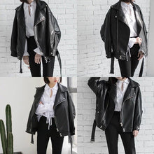 Cargar imagen en el visor de la galería, Black PU Leather Loose Turn-down Collar Zipper Wild Jacket
