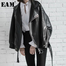 Cargar imagen en el visor de la galería, Black PU Leather Loose Turn-down Collar Zipper Wild Jacket