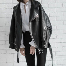 Cargar imagen en el visor de la galería, Black PU Leather Loose Turn-down Collar Zipper Wild Jacket