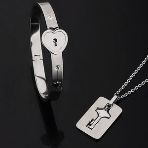 Concentric Lock Key Bracelet Necklace Couple Set