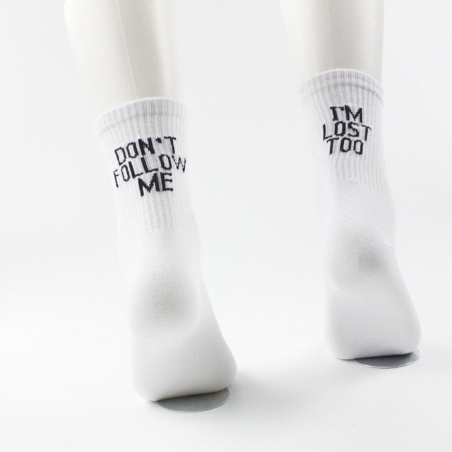 Black White Cotton Socks AB Side Don't Follow Me I'm Lost Creative Unisex Socks