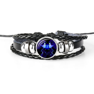 Constellation Zodiac Sign Black Braided Leather Bracelet Growing in the dark