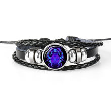 Charger l&#39;image dans la galerie, Constellation Zodiac Sign Black Braided Leather Bracelet Growing in the dark
