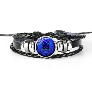 Constellation Zodiac Sign Black Braided Leather Bracelet Growing in the dark