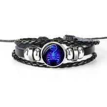 Kép betöltése a galériamegjelenítőbe: Constellation Zodiac Sign Black Braided Leather Bracelet Growing in the dark
