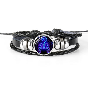 Constellation Zodiac Sign Black Braided Leather Bracelet Growing in the dark