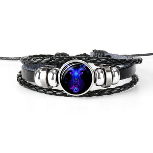 Constellation Zodiac Sign Black Braided Leather Bracelet Growing in the dark