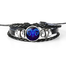 Kép betöltése a galériamegjelenítőbe: Constellation Zodiac Sign Black Braided Leather Bracelet Growing in the dark
