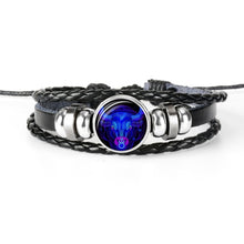 Charger l&#39;image dans la galerie, Constellation Zodiac Sign Black Braided Leather Bracelet Growing in the dark
