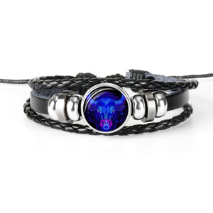 Constellation Zodiac Sign Black Braided Leather Bracelet Growing in the dark