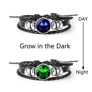 Constellation Zodiac Sign Black Braided Leather Bracelet Growing in the dark