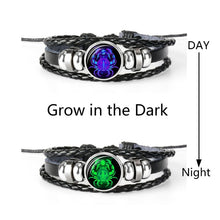 Charger l&#39;image dans la galerie, Constellation Zodiac Sign Black Braided Leather Bracelet Growing in the dark
