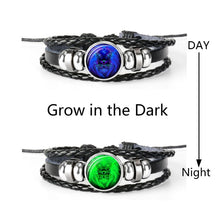 Charger l&#39;image dans la galerie, Constellation Zodiac Sign Black Braided Leather Bracelet Growing in the dark
