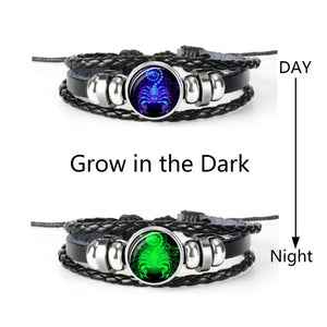 Constellation Zodiac Sign Black Braided Leather Bracelet Growing in the dark