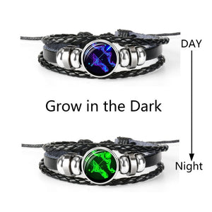 Constellation Zodiac Sign Black Braided Leather Bracelet Growing in the dark