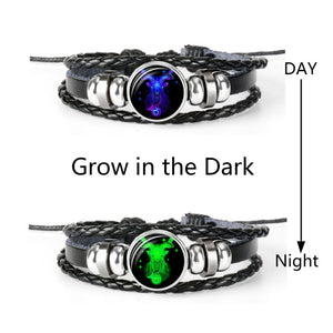 Constellation Zodiac Sign Black Braided Leather Bracelet Growing in the dark