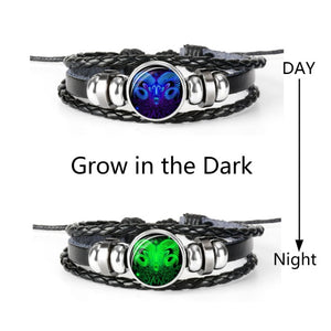 Constellation Zodiac Sign Black Braided Leather Bracelet Growing in the dark