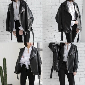 Black PU Leather Loose Turn-down Collar Zipper Wild Jacket