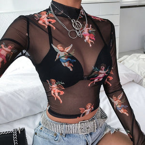 Unleash your inner allure with Transparent Mesh Tops Long Sleeve