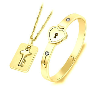 Concentric Lock Key Bracelet Necklace Couple Set