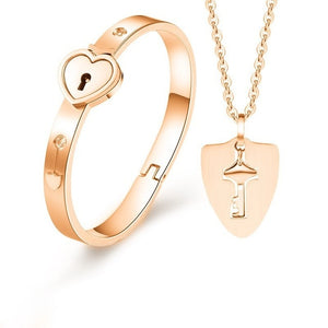 Concentric Lock Key Bracelet Necklace Couple Set