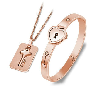 Concentric Lock Key Bracelet Necklace Couple Set