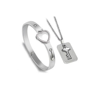 Concentric Lock Key Bracelet Necklace Couple Set