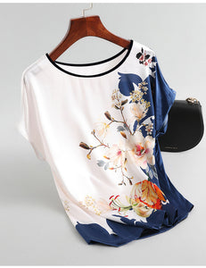 Exquisite Silk Satin Blouses Plus size Vintage Print Blouse