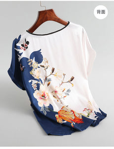 Exquisite Silk Satin Blouses Plus size Vintage Print Blouse