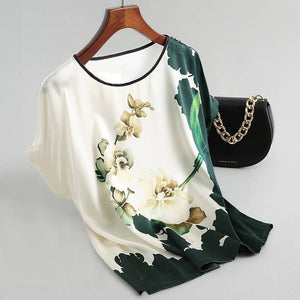 Exquisite Silk Satin Blouses Plus size Vintage Print Blouse