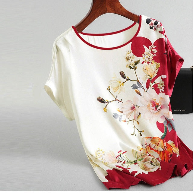 Exquisite Silk Satin Blouses Plus size Vintage Print Blouse