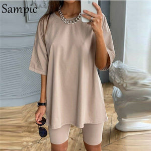 Sexy Women Summer O Neck Short Sleeve Shirt And Shorts Suit