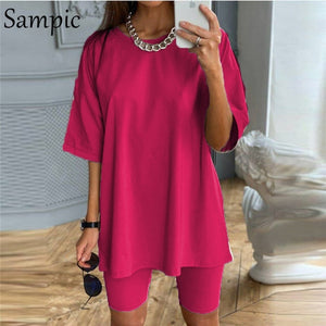 Sexy Women Summer O Neck Short Sleeve Shirt And Shorts Suit