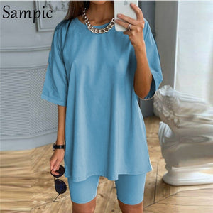 Sexy Women Summer O Neck Short Sleeve Shirt And Shorts Suit