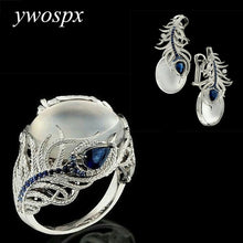 Kép betöltése a galériamegjelenítőbe: Elegant Vintage White Moonstone Silver Color Feather Rings &amp; Earrings
