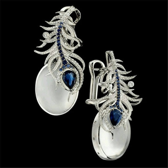 Elegant Vintage White Moonstone Silver Color Feather Rings & Earrings